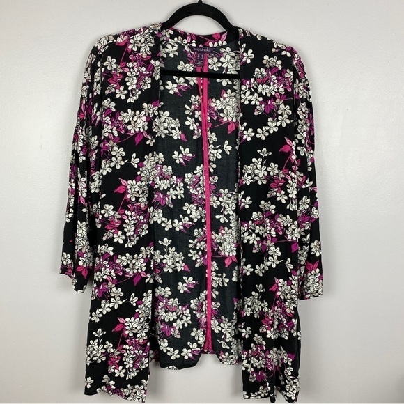 Long Tall Sally Floral 3/4 Sleeves Kimono Size 8 Black White Pink - Picture 2 of 10